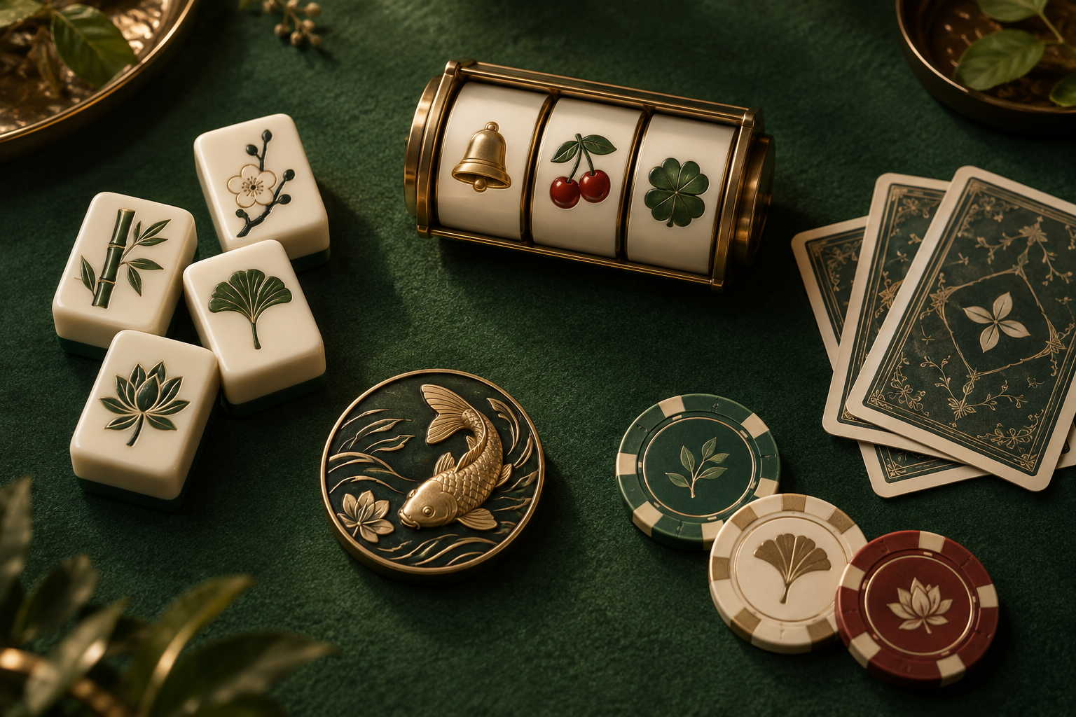 Ilustrasi gulungan slot, ubin, kartu dan keping di meja kasino